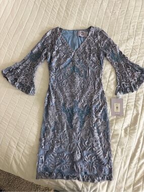 JS Collections Light Blue Embroidered Lace Midi Dress